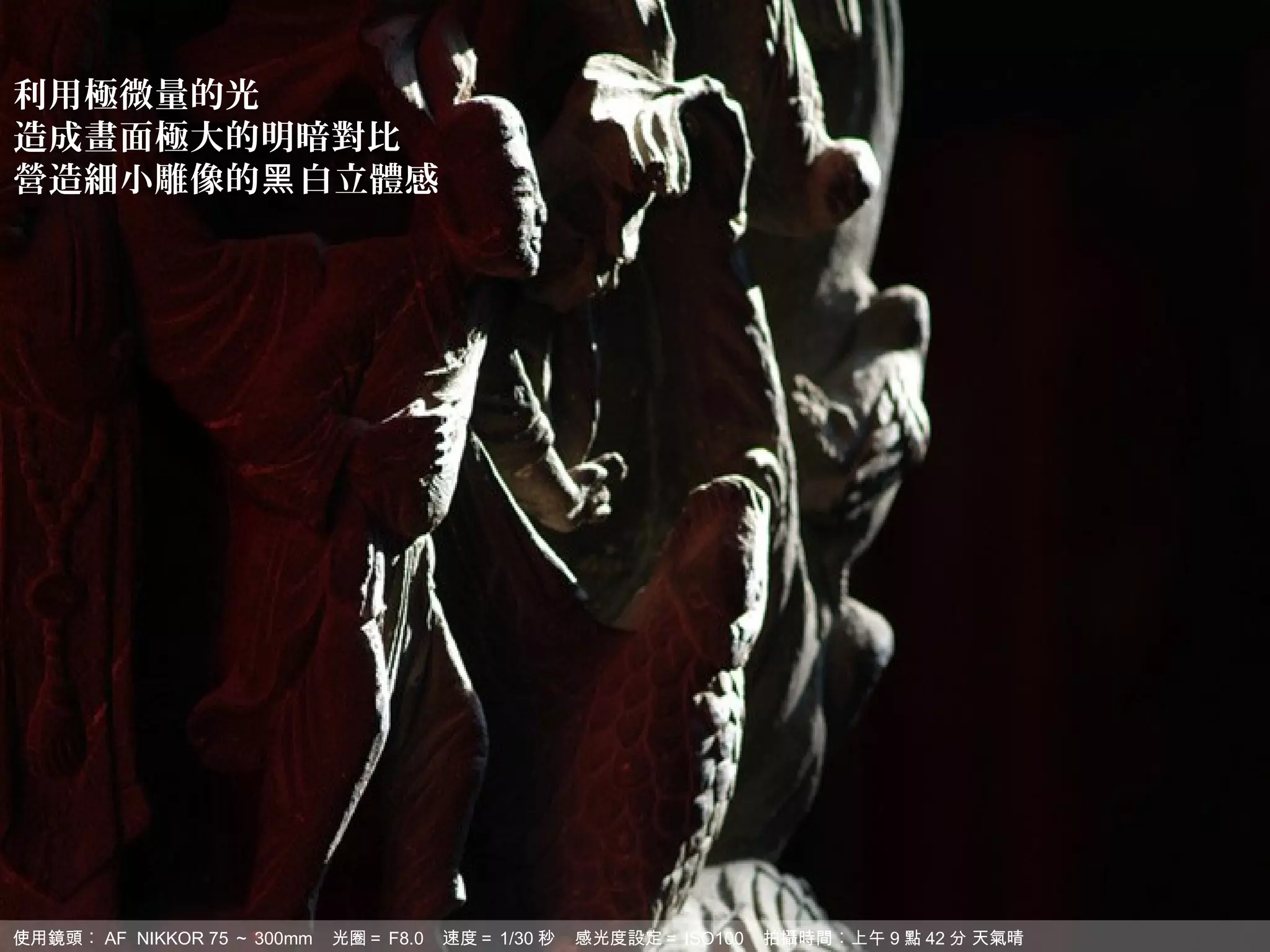 利用極微量的光
造成畫面極大的明暗對比
營造細小雕像的黑 白立體感




使用鏡頭︰ AF NIKKOR 75 ～ 300mm   光圈＝ F8.0   速度＝ 1/30 秒   感光度設定＝ ISO100   拍攝時間︰上午 9 點 42 分 天氣晴
 