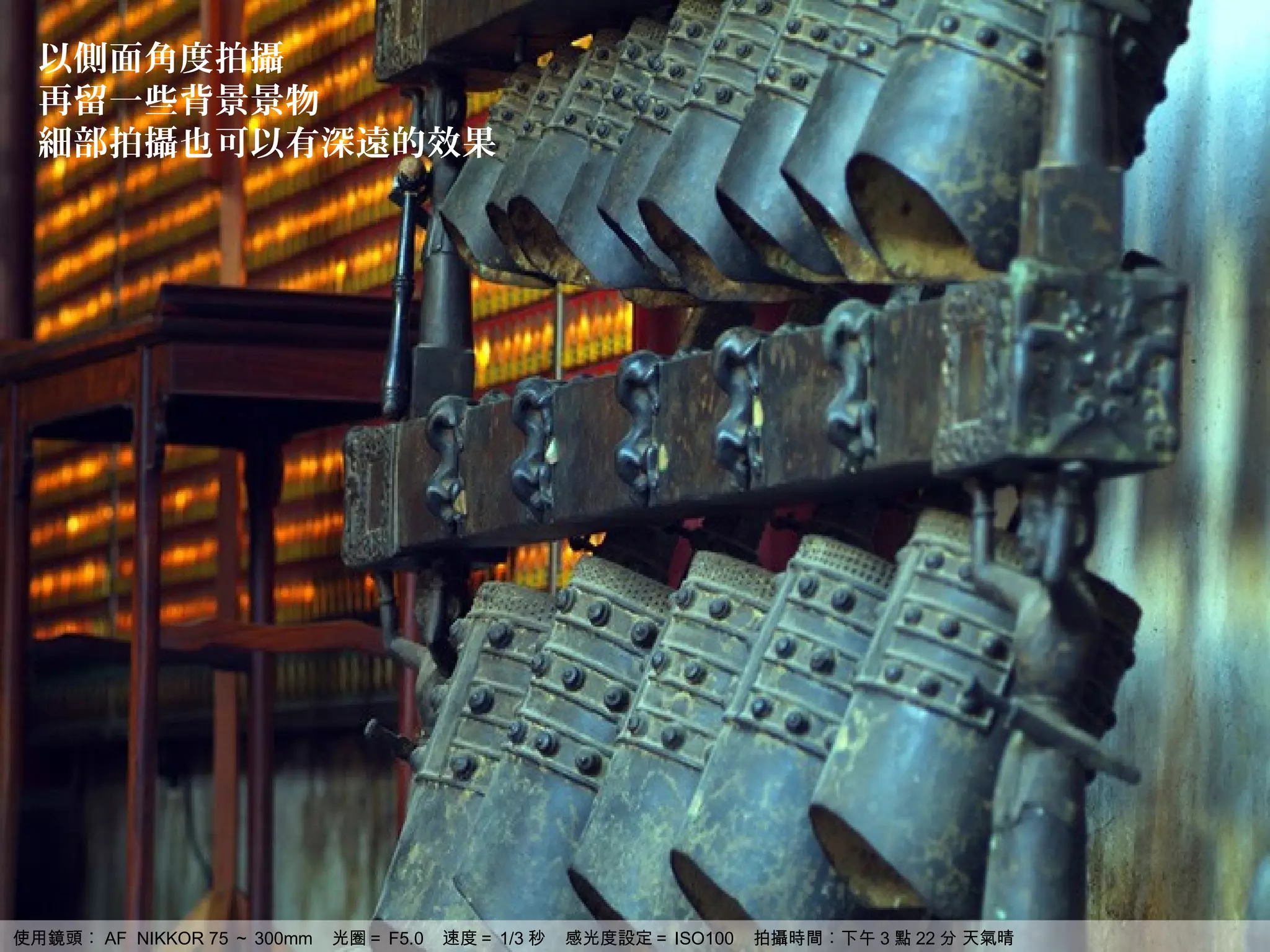以側面角度拍攝
  再留一些背景景物
  細部拍攝也可以有深遠的效果




使用鏡頭︰ AF NIKKOR 75 ～ 300mm   光圈＝ F5.0   速度＝ 1/3 秒   感光度設定＝ ISO100   拍攝時間︰下午 3 點 22 分 天氣晴
 