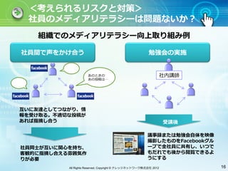＜考えられるリスクと対策＞
 社員のメディアリテラシーは問題ないか？
    組織でのメディアリテラシー向上取り組み例

社員間で声をかけ合う                                               勉強会の実施


                     あのときの                                        社内講師
                     あの投稿は




互いに友達としてつながり、情
報を受け取る。不適切な投稿が
あれば指摘し合う                                                          受講後

                                                        議事録または勉強会⾃自体を映像
                                                        撮影したものをFacebookグル
社員同⼠士が互いに関⼼心を持ち、                                        ープで全社員に共有し、いつで
客観的に指摘し合える雰囲気作                                          もだれでも後から閲覧できるよ
りが必要                                                    うにする
           All Rights Reserved, Copyright © ナレッジネットワーク株式会社 2012             16
 