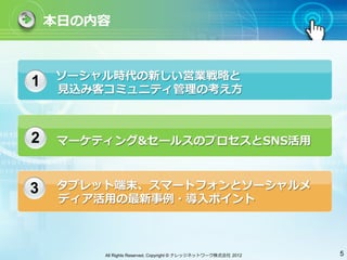 本⽇日の内容



1 　 ソーシャル時代の新しい営業戦略と
    ⾒見見込み客コミュニティ管理の考え⽅方



2    マーケティング&セールスのプロセスとSNS活⽤用



3  　 タブレット端末、スマートフォンとソーシャルメ
     ディア活⽤用の最新事例・導⼊入ポイント



         All Rights Reserved, Copyright © ナレッジネットワーク株式会社 2012   5
 