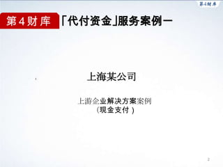 第 4 财 库 ｢代付资金｣服务案例一



         上海某公司

        上游企业解决方案案例
          （现金支付）




                      2
 