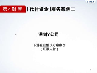 第 4 财 库 ｢代付资金｣服务案例二




         深圳Y公司

       下游企业解决方案案例
         （汇票支付）




                      6
 