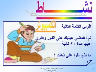 ‫اقرئي الكلمة التالية‬

‫ثم أغمضي عينيك على الفور وفكري‬
               ‫فيها مدة 02 ثانية‬

                              ‫ما لذي طرأ على ذهنك ؟‬

  ‫الخريطة الذهنية إعداد المشرفة التربوية: وفــاء‬                    ‫75‬
                ‫الوذينــاني 8241هـ‬
 