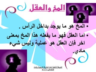‫المخ والعقل‬

         ‫• المخ هو ما يوجد بداخل الرأس .‬
    ‫• اما العقل فهو ما يفعله هذا المخ بمعنى‬
     ‫اخر فإن العقل هو عملية وليس شيء‬
                                  ‫مادي.‬

‫9‬               ‫الخريطة الذهنية إعداد المشرفة التربوية: وفــاء‬
                             ‫الوذينــاني 8241هـ‬
 