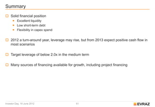 Summary
 Solid financial position
       Excellent liquidity
       Low short-term debt
       Flexibility in capex spend


 2012 a turn-around year, leverage may rise, but from 2013 expect positive cash flow in
  most scenarios

 Target leverage of below 2.0x in the medium term

 Many sources of financing available for growth, including project financing




Investor Day, 19 June 2012                  61
 