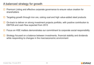 A balanced strategy for growth
 Premium Listing and effective corporate governance to ensure value creation for
  shareholders

 Targeting growth through iron ore, coking coal and high value-added steel products

 On-track to deliver on strong investment projects portfolio, with positive contribution to
  EBITDA and cash flow expected from 2013

 Focus on HSE matters demonstrates our commitment to corporate social responsibility

 Strategy focused on a balance between investments, financial stability and dividends
  while responding to changes in the macroeconomic environment




Investor Day, 19 June 2012                    62
 