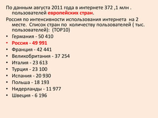 По данным августа 2011 года в интернете 372 ,1 млн .
  пользователей европейских стран.
Россия по интенсивности использования интернета на 2
  месте. Список стран по количеству пользователей ( тыс.
  пользователей): (ТОР10)
• Германия - 50 410
• Россия - 49 991
• Франция - 42 441
• Великобритания - 37 254
• Италия - 23 613
• Турция - 23 100
• Испания - 20 930
• Польша - 18 193
• Нидерланды - 11 977
• Швеция - 6 196
 