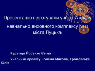 Презентацію підготували учні 11 А класу
  навчально-виховного комплексу №11
            міста Луцька:



       Куратор : Йосенко Євген
       Учасники проекту : Римша Микола , Громовська
Юлія
 