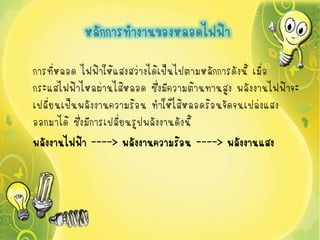 หลักการทางานของหลอดไฟฟ้า

การที่หลอด ไฟฟ้าให้แสงสว่างได้เป็นไปตามหลักการดังนี้ เมื่อ
กระแสไฟฟ้าไหลผ่านไส้หลอด ซึ่งมีความต้านทานสูง พลังงานไฟฟ้าจะ
เปลี่ยนเป็นพลังงานความร้อน ทาให้ไส้หลอดร้อนจัดจนเปล่งแสง
ออกมาได้ ซึ่งมีการเปลี่ยนรูปพลังงานดังนี้
พลังงานไฟฟ้า ----> พลังงานความร้อน ----> พลังงานแสง
 