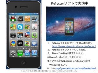 1イーンスパイア(株) 横田秀珠の著作権を尊重しつつ、是非ノウハウはシェアして行きましょう。
Reﬂectorソフトで実演中
⑤
１．Reﬂectorを下記のサイトで購入($12.99)。
２．Reﬂectorをインストールして起動。
３．iPhoneでAirPlayの設定をします。 
※iPhone4S、iPad2以上で使えます。
★アプリ名がReﬂectionからReﬂectorに変更
 Windows版もアリ
http://yokotashurin.com/etc/reﬂection.html詳しくは
http://www.airsquirrels.com/reﬂector/
 