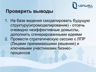 Проверить выводы
1. На базе видения смоделировать будущую
   структуру(игромоделирование) - отсечь
   очевидно неэффективные домыслы,
   дополнить сгенерированными идеями
2. Провести стратегическую сессию с ЛПР
   (Лицами принимающими решения) и
   ключевыми участниками бизнес-
   процессов
 