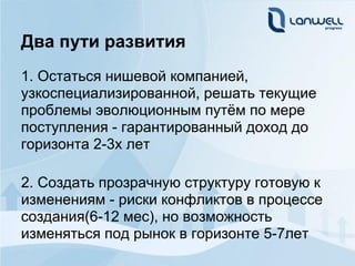 Два пути развития
1. Остаться нишевой компанией,
узкоспециализированной, решать текущие
проблемы эволюционным путём по мере
поступления - гарантированный доход до
горизонта 2-3х лет

2. Создать прозрачную структуру готовую к
изменениям - риски конфликтов в процессе
создания(6-12 мес), но возможность
изменяться под рынок в горизонте 5-7лет
 