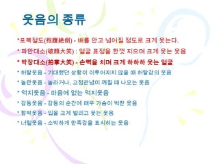 웃음의 종류
*포복절도(抱腹絶倒) - 배를 안고 넘어질 정도로 크게 웃는다.
* 파안대소(破顔大笑) : 얼굴 표정을 한껏 지으며 크게 웃는 웃음
* 박장대소(拍掌大笑) - 손뼉을 치며 크게 하하하 웃는 얼굴
* 허탈웃음 - 기대했던 상황이 이루어지지 않을 때 허탈감의 웃음
* 놀란웃음 - 놀라거나, 고정관념이 깨질 때 나오는 웃음
* 억지웃음 - 마음에 없는 억지웃음
* 감동웃음 - 감동의 순간에 매우 가슴이 벅찬 웃음
* 함박웃음 - 입을 크게 벌리고 웃는 웃음
* 너털웃음 - 소박하게 만족감을 표시하는 웃음
 