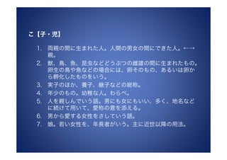 こ【子・児】

 1.   両親の間に生まれた人。人間の男女の間にできた人。←→
      親。
 2.   獣、鳥、魚、昆虫などどうぶつの雌雄の間に生まれたもの。
      卵生の鳥や魚などの場合には、卵そのもの、あるいは卵か
      ら孵化したものをいう。
 3.   実子のほか、養子、継子などの総称。
 4.   年少のもの。幼稚な人。わらべ。
 5.   人を親しんでいう語。男にも女にもいい、多く、地名など
      に続けて用いて、愛称の意を添える。
 6.   男から愛する女性をさしていう語。
 7.   娘。若い女性を、年長者がいう。主に近世以降の用法。
 
