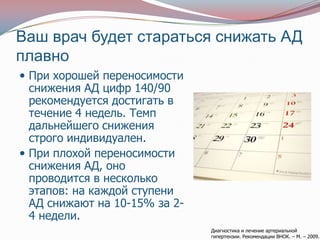 Ваш врач будет стараться снижать АД
плавно
 При хорошей переносимости
  снижения АД цифр 140/90
  рекомендуется достигать в
  течение 4 недель. Темп
  дальнейшего снижения
  строго индивидуален.
 При плохой переносимости
  снижения АД, оно
  проводится в несколько
  этапов: на каждой ступени
  АД снижают на 10-15% за 2-
  4 недели.
                               Диагностика и лечение артериальной
                               гипертензии. Рекомендации ВНОК. – М. – 2009.
 