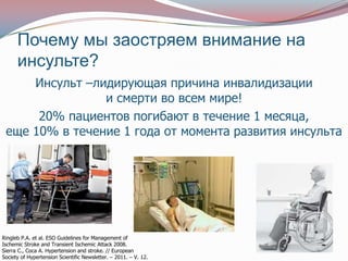 Почему мы заостряем внимание на
      инсульте?
     Инсульт –лидирующая причина инвалидизации
                и смерти во всем мире!
      20% пациентов погибают в течение 1 месяца,
 еще 10% в течение 1 года от момента развития инсульта




Ringleb P.A. et al. ESO Guidelines for Management of
Ischemic Stroke and Transient Ischemic Attack 2008.
Sierra C., Coca A. Hypertension and stroke. // European
Society of Hypertension Scientific Newsletter. – 2011. – V. 12.
 