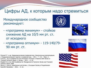 Цифры АД, к которым надо стремиться
    Международное сообщество
    рекомендует:

    - «программа минимум» - стойкое
      снижение АД на 10/5 мм рт. ст.
      от исходного
    - «программа оптимум» - 119-140/79-
      90 мм рт. ст.

Оганов Р.Г. и др. Кардиоваскулярная профилактика. Национальные рекомендации.
// Кардиоваскулярная терапия и профилактика. – 2011. – Т. 10. – Прил. 2.
Furie K.L. et al. Guidelines for the Prevention of Stroke in Patients With Stroke or
Transient Ischemic Attack. // Stroke. – 2011. – V. 42.
Ringleb P.A. et al. ESO Guidelines for Management of Ischemic Stroke and Transient
Ischemic Attack 2008.
Sierra C., Coca A. Hypertension and stroke. // European Society of Hypertension
Scientific Newsletter. – 2011. – V. 12.
 