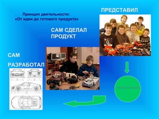 ПРЕДСТАВИЛ
    Принцип деятельности:
 «От идеи до готового продукта»

                  САМ СДЕЛАЛ
                  ПРОДУКТ


САМ
РАЗРАБОТАЛ



                                      СОВЕРШЕНСТВОВАНИЕ
 