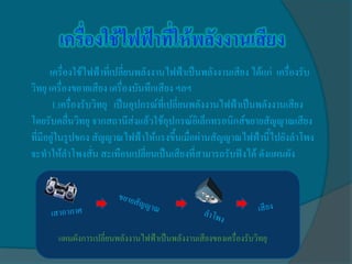 เครื่องใช้ไฟฟ้าที่เปลี่ยนพลังงานไฟฟ้าเป็นพลังงานเสียง ได้แก่ เครื่องรับ
วิทยุ เครื่องขยายเสียง เครื่องบันทึกเสียง ฯลฯ
       1.เครื่องรับวิทยุ เป็นอุปกรณ์ที่เปลี่ยนพลังงานไฟฟ้าเป็นพลังงานเสียง
โดยรับคลื่นวิทยุ จากสถานีส่งแล้วใช้อุปกรณ์อิเล็กทรอนิกส์ขยายสัญญาณเสียง
ที่มีอยู่ในรูปของ สัญญาณไฟฟ้าให้แรงขึ้นเมื่อผ่านสัญญาณไฟฟ้านี้ไปยังลาโพง
จะทาให้ลาโพงสั่น สะเทือนเปลี่ยนเป็นเสียงที่สามารถรับฟังได้ ดังแผนผัง




       แผนผังการเปลี่ยนพลังงานไฟฟ้าเป็นพลังงานเสียงของเครื่องรับวิทยุ
 