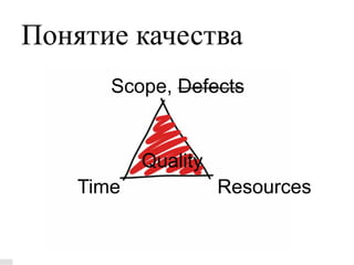 Понятие качества
       Scope, Defects


           Quality
    Time             Resources
 
