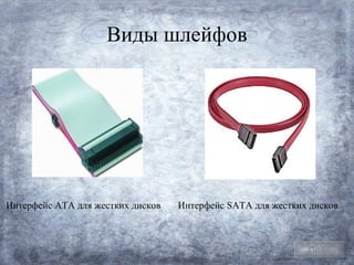 Виды шлейфов




Интерфейс ATA для жестких дисков   Интерфейс SATA для жестких дисков



                                                             План
 