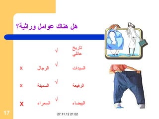 ‫هل هناك عوامل وراثية؟‬

                                ‫تاريخ‬
                      ‫√‬
                                ‫عائلي‬

                      ‫√‬
      ‫‪X‬‬     ‫الرجا ل‬             ‫السيدات‬

                      ‫√‬
      ‫‪X‬‬     ‫السمينة‬             ‫الرفيعة‬

                      ‫√‬
      ‫‪x‬‬     ‫السمراء‬             ‫البيضاء‬
‫71‬                    ‫20:12 21.11.72‬
 