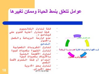 ‫عوامل تتعلق بنمط الحياة وممكن تغييرها‬

           ‫قلة تناول الكالسيوم‬         ‫–‬
     ‫قلة تناول أغذية تتوي على‬          ‫–‬
                      ‫فيتامي د.‬
      ‫عدم مارسة الارياضة والكسل‬        ‫–‬         ‫عدم التعرض للشمسقلة تناول الكالسيوم‬
                          ‫والمول‬
                          ‫التدخي‬       ‫–‬
       ‫تناول الشاروبات الكحولية‬        ‫–‬
      ‫تناول القهوة بكميات كبية‬         ‫شرب القهوة والمشروبات الغازية عدم ممارسة الرياضة –‬
           ‫تناول العطعمة الغنية‬        ‫–‬
           ‫باللياف بكميات كبية‬                       ‫التدخين وشرب الكحول‬
     ‫انعدام أو قلة التعارض لشعة‬        ‫–‬
                           ‫الشمس‬
               ‫تناول بعض الدوية‬        ‫–‬
                    ‫بعض الماراض.‬       ‫–‬
‫81‬                    ‫20:12 21.11.72‬
 