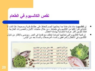 ‫نقص الكالسيوم في الطعام‬

     ‫إن لكالسيوما مادة خام هامة جدا يحتاجها الجسم للحفاظ على عظامك قوية وصحيحة. فإذا كنت ل‬      ‫‪‬‬
     ‫تتناولين قدرا كافيا من الكالسيوم في طعامك ، من خل ل منتجات اللبان والخضروات الطازجة ،‬
                                               ‫فإنك تكونين أكثر عرضة للصابة بهشاشة العظام.‬
     ‫إن كمية الكالسيوم التي تحتاجها أجسامنا تختلف مع تقدمنا في العمر. ويوصى بالكثار من تناو ل‬   ‫‪‬‬
                       ‫الكالسيوم في الطفا ل والمراهقين والنساء المرضعات والنساء بعد سن اليأس.‬




‫02‬                                 ‫20:12 21.11.72‬
 