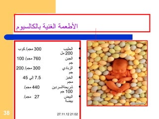 ‫الطعمة الغنية بالكالسيوم‬

     ‫003 مجم/ كوب‬           ‫الحليب‬       ‫‪‬‬
                          ‫002 مل‬
     ‫067 مجم/ 001‬            ‫الجبن‬       ‫‪‬‬
                               ‫جم‬
     ‫003 مجم/ 002‬          ‫الزبادي‬       ‫‪‬‬
                               ‫جم‬
        ‫5.7 إلي 54‬           ‫الخبز‬       ‫‪‬‬
                              ‫مجم‬
        ‫044 مجم/‬     ‫شريحةالسردين‬        ‫‪‬‬
                          ‫001 جم‬
        ‫72 مجم/‬             ‫البيض‬        ‫‪‬‬
                             ‫بيضة‬

‫83‬                      ‫20:12 21.11.72‬
 