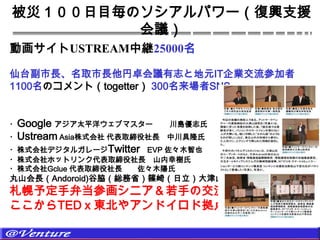 ֣ĿΥѥ`֧Ԯ
         h
ӻUSTREAMо@25000

̨LȡL׿h־ȵԪITIμ
1100Υȣtogetter 300SNS


?Google ̫ƽ󥦥֥ޥ`    u־
?Ustream Asiaʽ ȡL д¡
?ʽǥ륬`Twitter EVP ľҲ
?ʽۥåȥ󥯴ȡL ɽҘ
?ʽGclue ȡL ľ
ɽLAndoroid)|tʡS飨ɽOޣ
趨͵λ˥֤ν
TED|䥢ɥɒ㻯
 