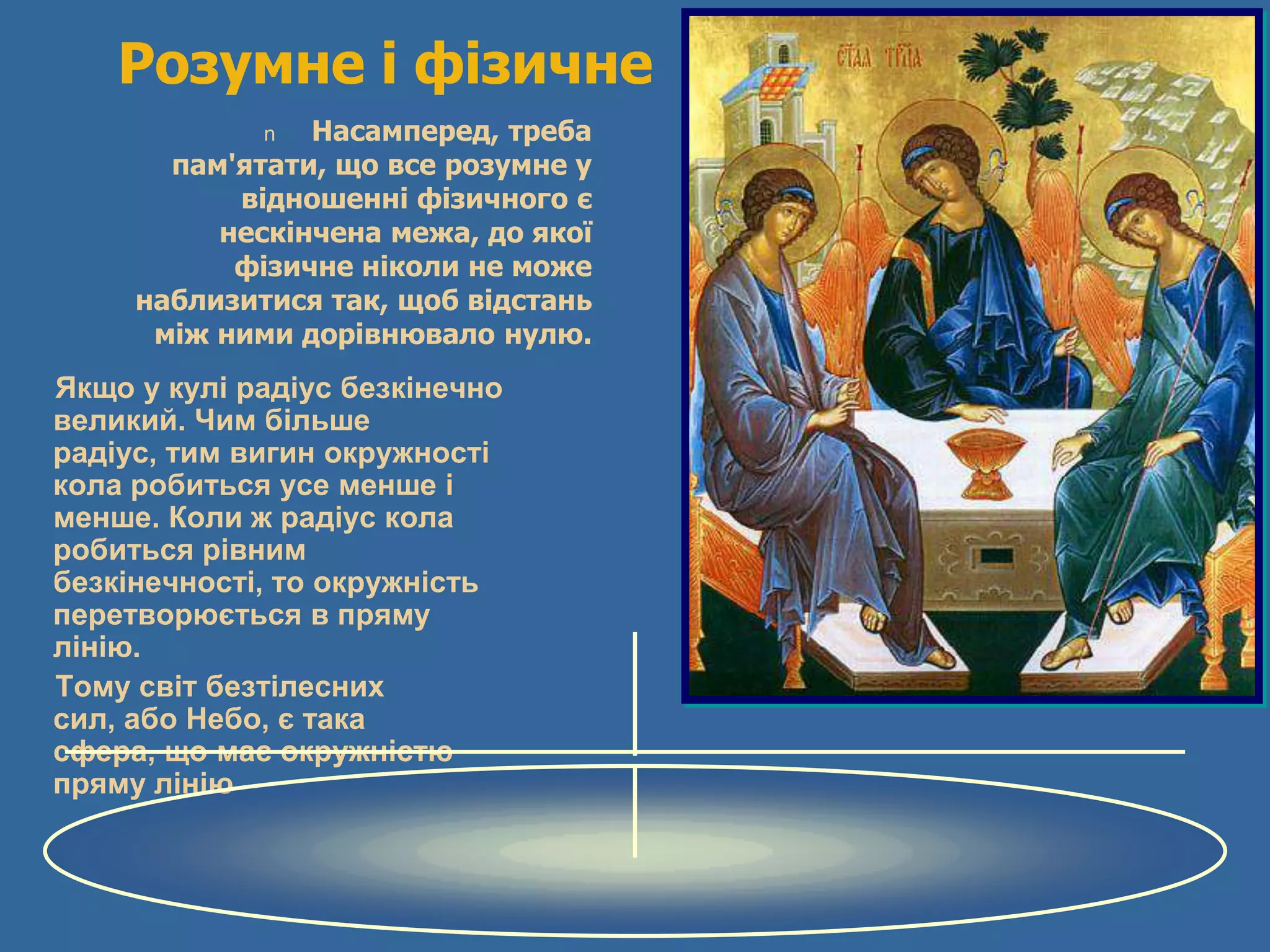 Розумне і фізичне
             n  Насамперед, треба
       пам'ятати, що все розумне у
           відношенні фізичного є
          нескінчена межа, до якої
           фізичне ніколи не може
     наблизитися так, щоб відстань
      між ними дорівнювало нулю.
Якщо у кулі радіус безкінечно
великий. Чим більше
радіус, тим вигин окружності
кола робиться усе менше і
менше. Коли ж радіус кола
робиться рівним
безкінечності, то окружність
перетворюється в пряму
лінію.
Тому світ безтілесних
сил, або Небо, є така
сфера, що має окружністю
пряму лінію
 