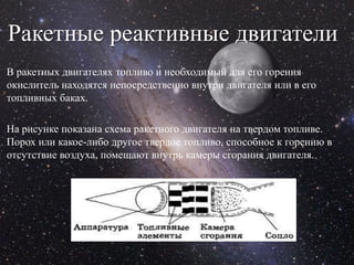 Ракетные реактивные двигатели
В ракетных двигателях топливо и необходимый для его горения
окислитель находятся непосредственно внутри двигателя или в его
топливных баках.

На рисунке показана схема ракетного двигателя на твердом топливе.
Порох или какое-либо другое твердое топливо, способное к горению в
отсутствие воздуха, помещают внутрь камеры сгорания двигателя.
 