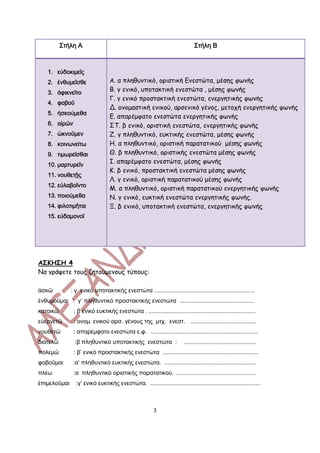 Στήλη Α                                                             Στήλη Β



    1. εὐδοκιμεῖς
    2. ἐνθυμεῖσθε                Α. α πληθυντικό, οριστική Ενεστώτα, μέσης φωνής

    3. ἀφικνεῖτο
                                 Β. γ ενικό, υποτακτική ενεστώτα , μέσης φωνής
                                 Γ. γ ενικό προστακτική ενεστώτα, ενεργητικής φωνής
    4. φοβοῦ
                                 Δ. ονομαστική ενικού, αρσενικό γένος, μετοχή ενεργητικής φωνής
    5. ἠσκούμεθα
                                 Ε. απαρέμφατο ενεστώτα ενεργητικής φωνής
    6. αἰρῶν                     ΣΤ. β ενικό, οριστική ενεστώτα, ενεργητικής φωνής
    7. ὠκνοῦμεν                  Ζ. γ πληθυντικό, ευκτικής ενεστώτα, μέσης φωνής
    8. κοινωνείτω                Η. α πληθυντικό, οριστική παρατατικού μέσης φωνής
    9. τιμωρεῖσθαι               Θ. β πληθυντικό, οριστικής ενεστώτα μέσης φωνής
    10. μαρτυρεῖν
                                 Ι. απαρέμφατο ενεστώτα, μέσης φωνής
                                 Κ. β ενικό, προστακτική ενεστώτα μέσης φωνής
    11. νουθετῇς
                                 Λ. γ ενικό, οριστική παρατατικού μέσης φωνής
    12. εὐλαβοῖντο
                                 Μ. α πληθυντικό, οριστική παρατατικού ενεργητικής φωνής
    13. ποιούμεθα                Ν. γ ενικό, ευκτική ενεστώτα ενεργητικής φωνής.
    14. φιλοτιμῆται              Ξ. β ενικό, υποτακτική ενεστώτα, ενεργητικής φωνής
    15. εὐδαμονοῖ




ΑΣΚΗΣΗ 4
Να γράψετε τους ζητούμενους τύπους:

ἀσκῶ          : γ ενικό υποτακτικής ενεστώτα .............................................................
ἐνθυμοῦμαι : γ’ πληθυντικό προστακτικής ενεστώτα .............................................
κατοικῶ        : β ενικό ευκτικής ενεστώτα . .................................................................
εὐεργετῶ       : ονομ. ενικού αρσ. γένους της μτχ. ενεστ. ........................................
νουθετῶ        : απαρέμφατο ενεστώτα ε.φ. ..................................................................
διατελῶ         :β πληθυντικό υποτακτικής ενεστώτα :                    ............................................
πολεμῶ         : β’ ενικό προστακτικής ενεστώτα ..........................................................
φοβοῦμαι       :α’ πληθυντικό ευκτικής ενεστώτα. ........................................................
πλέω           :α πληθυντικό οριστικής παρατατικού. ................................................
ἐπιμελοῦμαι     :γ’ ενικό ευκτικής ενεστώτα. ...................................................................



                                                        3
 
