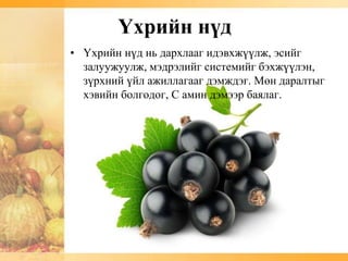 Үхрийн нүд
• Үхрийн нүд нь дархлааг идэвхжүүлж, эсийг
  залуужуулж, мэдрэлийг системийг бэхжүүлэн,
  зүрхний үйл ажиллагааг дэмждэг. Мөн даралтыг
  хэвийн болгодог, С амин дэмээр баялаг.
 