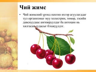 Чий жимс
• Чий жимсний үрэнд пектин ихээр агуулагддаг
  тул организмыг муу холестрин, төмөр, зэсийн
  давснуудаас ангижруулдаг ба антоцин нь
  хялгасан судасыг бэхжүүлдэг.
 