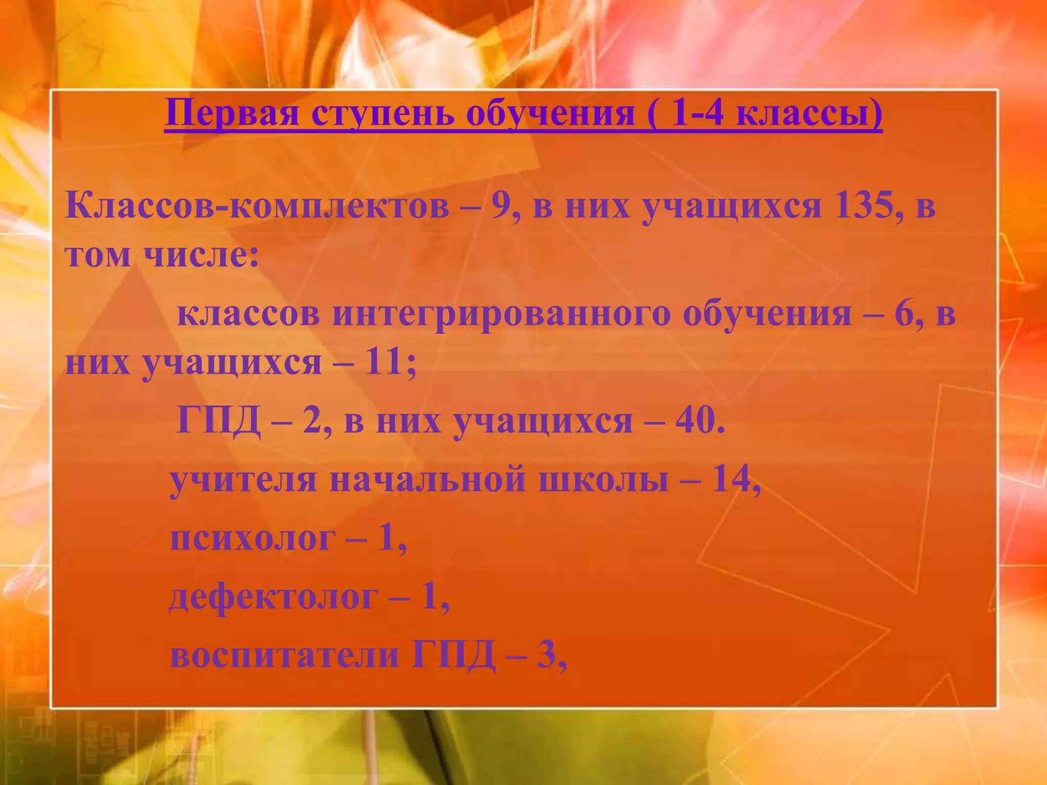 Первая ступень обучения ( 1-4 классы)

Классов-комплектов – 9, в них учащихся 135, в
том числе:
      классов интегрированного обучения – 6, в
них учащихся – 11;
      ГПД – 2, в них учащихся – 40.
     учителя начальной школы – 14,
     психолог – 1,
     дефектолог – 1,
     воспитатели ГПД – 3,
 