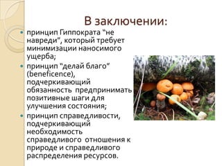 В заключении:
 принцип Гиппократа “не
  навреди”, который требует
  минимизации наносимого
  ущерба;
 принцип “делай благо”
  (beneficence),
  подчеркивающий
  обязанность предпринимать
  позитивные шаги для
  улучшения состояния;
 принцип справедливости,
  подчеркивающий
  необходимость
  справедливого отношения к
  природе и справедливого
  распределения ресурсов.
 