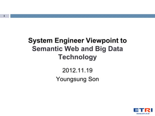 1




    System Engineer Viewpoint to
     Semantic Web and Big Data
            Technology
             2012.11.19
           Youngsung Son
 