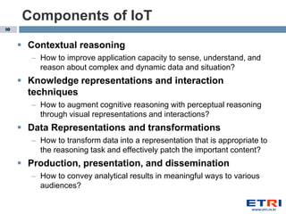 Components of IoT
10


      Contextual reasoning
        – How to improve application capacity to sense, understand, and
          reason about complex and dynamic data and situation?
      Knowledge representations and interaction
       techniques
        – How to augment cognitive reasoning with perceptual reasoning
          through visual representations and interactions?
      Data Representations and transformations
        – How to transform data into a representation that is appropriate to
          the reasoning task and effectively patch the important content?
      Production, presentation, and dissemination
        – How to convey analytical results in meaningful ways to various
          audiences?
 