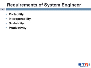 Requirements of System Engineer
11


        Portability
        Interoperability
        Scalability
        Productivity
 