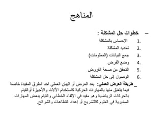 ‫المناهج‬
                                                 ‫خطوات حل المشكلة :‬          ‫–‬
                                                     ‫الحساس بالمشكلة‬    ‫.1‬
                                                          ‫تحديد المشكلة‬ ‫.2‬
                                              ‫تجمع البيانات )المعلومات(‬ ‫.3‬
                                                          ‫وضع الفرض‬     ‫.4‬
                                              ‫التحقق من صحة الفروض‬      ‫.5‬
                                               ‫الوصول إلى حل المشكلة‬    ‫.6‬
‫_ طريقة العرض العملي: يعد العرض أو البيان العملي احد الطرق المفيدة خاصة‬
     ‫فيما يتعلق منها بالمهارات الحركية كاستخدام اللت والتجهزة أوالقيام‬
  ‫بالحركات الرياضية وهو مفيد في اللقاء الخطابي والقيام ببعض المهارات‬
                ‫المخبرية في العلوم كالتشريح أو إعداد القطاعات والشرائح.‬
 