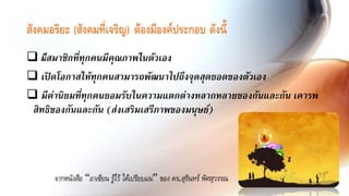 สังคมอริยะ (สังคมที่เจริญ) ต้องมีองค์ประกอบ ดังนี้
 มีสมาชิกทีทุกคนมีคุณภาพในตัวเอง
            ่
 เปิดโอกาสให้ทุกคนสามารถพัฒนาไปถึงจุดสุดยอดของตัวเอง
 มีค่านิยมที่ทุกคนยอมรับในความแตกต่างหลากหลายของกันและกัน เคารพ
 สิทธิของกันและกัน (ส่งเสริมเสรีภาพของมนุษย์)




      จากหนังสือ “อาเซียน รู้ไว้ ได้เปรียบแน่” ของ ดร.สุรินทร์ พิศสุวรรณ
 