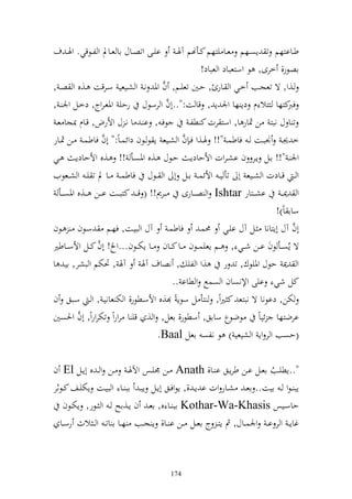 ‫ايػػى وتصػػاؿ اا عػػاد و لػػظقي. وٟن ػ ؼ‬        ‫طػػاازهم ت إصػػهم عػػا يزهم كػػأهنم آٟن ػ‬
                                                            ‫اصظر, خرى, ظ وسزعباد و عباد!‬
                                          ‫َّ‬
‫ػ,و, ة تعجػب خػي و ػار , حػٌن تعيػػم, ف وٞن نػ و شػيعي سػرقت ػ,ق و صػ ,‬
                                             ‫َّ‬
‫كزها ززال ـ دإ ها وٛن إ , قا ت:"..أف و رسظؿ رحي وٞنعػروج, دخػل وٛن ػ ,‬                 ‫فرب‬
 ‫ظفػ , ا ػ ا نػ ؿ وألرض, قػاـ ّنجا عػ‬                  ‫ت ا ؿ نبز ن ٖنار ا, وسز رت ك طلػ‬
                    ‫َّ‬                              ‫َّ‬
‫خ ٩نػ ٤نبػػت ػ فاطسػ "!! ٟنػػ,و فػ ف و شػػيع إ ظ ػػظف دوئسػاً:" أف فاطسػ ػػن ٖنػػار‬
‫وٛن ػ "!! اػل إػػر ف اشػروت وألحادإػ حػظؿ ػػ,ق وٞنصػأ !! ػػ,ق وألحادإػ ػػي‬
‫و ػ قػػادت و شػػيع أ تأ ي ػ وألئس ػ اػػل أ و ػػظؿ فاطس ػ ػػا د ت ي ػ و شػػعظيف‬
  ‫و ٬نػ ػ اش ػػزار ‪ Ishtar‬و ص ػػارى ػػرر!! ( ق ػ ػ كزب ػػت ا ػػن ػػ,ق وٞنص ػػأ‬
                                                                                  ‫ساا اً)!‬
‫أف آؿ أإزانا ػل آؿ ايػي ١نسػ فاطسػ آؿ و بيػت, فهػم سػظف ػظف‬                              ‫َّ‬
                 ‫َّ‬
‫ة إُصػػأ ظف اػػن شػػي , ػم إعيسػػظف ػػا كػػاف ػػا إختػػظف...و ! أف كػػل وألسػػاطًن‬
‫آٟن , ٓنختم و بشر, اي ا‬       ‫و ٬ن حظؿ وٞنيظؾ, ت ر ,و و لي , نصاؼ آٟن‬
                                      ‫كل شي ايى وإلنصاف و صسحل و طاا ..‬
‫ختن, داظنا ة نبزع ك ًنوً, زأ ل سظإ ً ,ق وألسػطظر, و خت عانيػ , و ػ سػبق ف‬
       ‫َّ‬
‫ارضزها ئياً ظضظع سااق, سطظر, اعل, و , قي ا روروً تختروروً, أف وٜنصٌن‬
                                   ‫(حصب و ر وإ و شيعي ) ظ نلص اعل ‪.Baal‬‬

‫"..إطيػػب اعػػل اػػن طرإػػق ا ػػا, ‪ Anath‬ػػن ٠نيػػس وآلٟنػ ػػن و ػ ق أإػػل ‪ El‬ف‬
                                                                           ‫ُ‬
‫إب ػظو ػ ايت.. اعػ شػػار وت ا إػ ,, إظوفػػق أإػػل إبػ اب ػػا و بيػػت إختيػػع كػػظثر‬
   ‫حاسػػيس ‪ Kothar-Wa-Khasis‬اب ػػا ق, اعػ ف إػػ,اه ػ و ػػظر, إختػػظف‬
  ‫غاإ ػ و ر ا ػ وٛنسػػاؿ, مث إز ػ ج اعػػل ػػن ا ػػا, إ جػػب هػػا ا ات ػ و ػ الث رسػػا‬



                                           ‫471‬
 