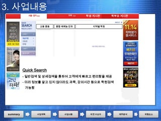 3. 사업내용
                                      학생 게시판     학부모 게시판


                  고등 중등   종합 예체능 단과     지역별 학원




          Quick Search
          - 일반검색 및 상세검색을 통하여 고객에게 빠르고 편리함을 제공
          - 미리 정보를 알고 있지 않더라도 과목, 강의시간 등으로 학원검색
           가능함




summary          사업계획         사업내용     타겟 수요자       재무분석   위험요소
 