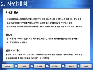 2. 사업계획
 사업내용

 - 소비자에게 다수의 학원 정보를 신뢰성있게 제공하며 손쉽게 비교할 수 있도록 하는 것이 목적

 - 정보제공에 따른 수수료를 학원으로부터 받으며, 초기 6개월 동안은 수수료가 없음

 - 정보제공의 효과성을 위해 2편의 동영상 제작과 자세한 정보를 제공하는 별도의 페이지를 개설



 동영상
 1편 : 학원 내·외부의 시설물, 학습 커리큘럼, 특징, 강사소개, 위치 등 총괄적인 정보를 제공

 2편 : 강의 미리보기 서비스



 별도의 페이지
 동영상 1편의 내용을 보다 구체적이고 상세하게 기술하며 동영상에서는 다루지 못했던 정보들을

 포함하여 제공. 학원비, 학생 수, 강의시간, 학원연혁 등



summary     사업계획        사업내용        타겟 수요자      재무분석      위험요소
 