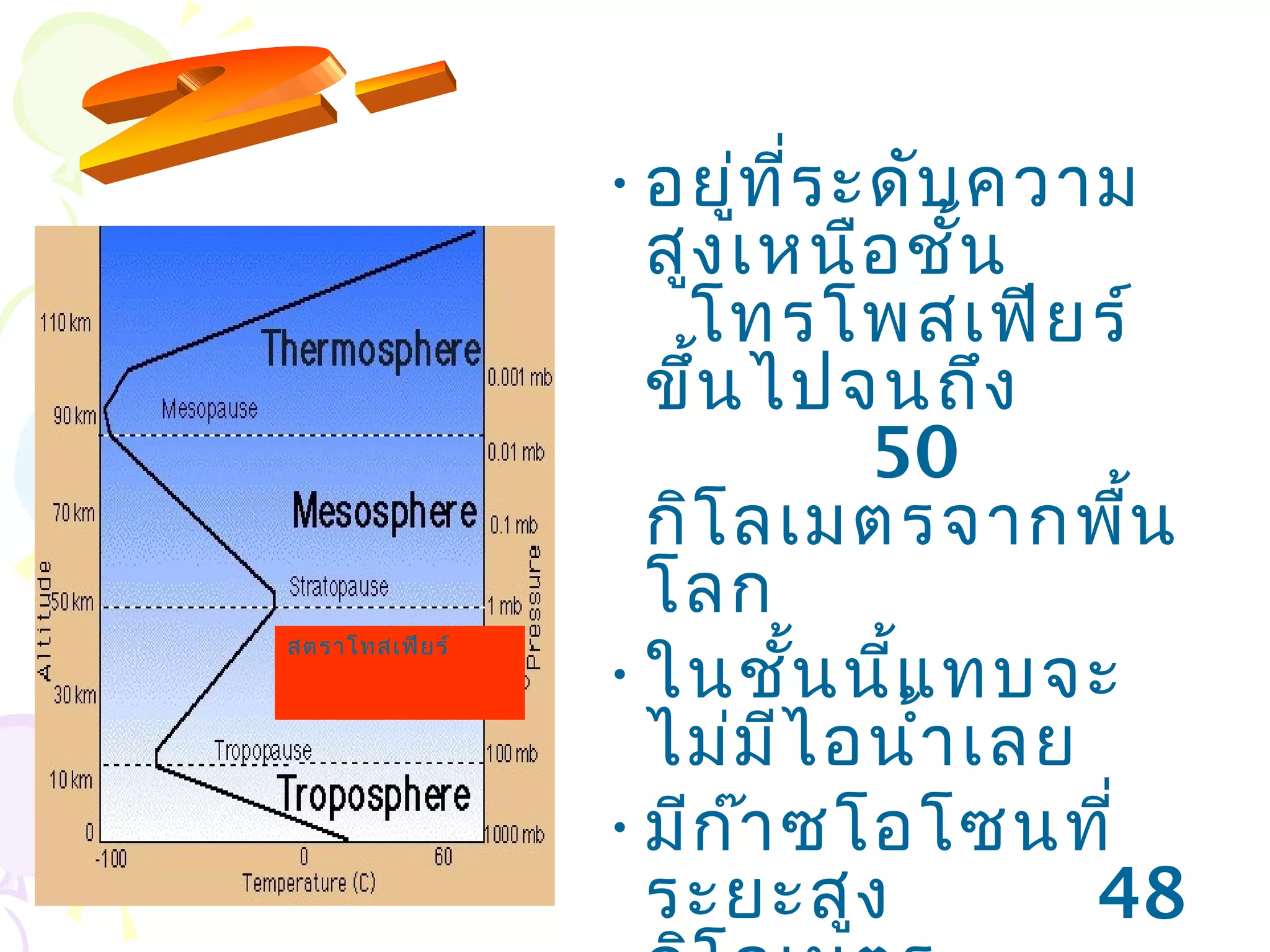 • อยู่ท ี่ร ะดับ ความ
                   สูง เหนือ ชั้น
                    โทรโพสเฟีย ร์
                   ขึ้น ไปจนถึง
                              50
                   กิโ ลเมตรจากพืน    ้
                   โลก
                 • ในชั้น นี้แ ทบจะ
สตราโทสเฟีย ร์



                   ไม่ม ีไ อนำ้า เลย
                 • มีก ๊า ซโอโซนที่
                   ระยะสูง           48
 