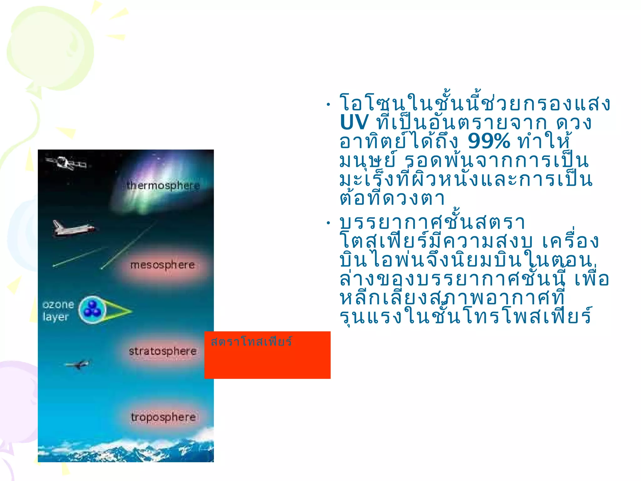 • โอโซนในชั้น นีช ่ว ยกรองแสง
                                      ้
                   UV ทีเ ป็น อัน ตรายจาก ดวง
                           ่
                   อาทิต ย์ไ ด้ถ ึง 99% ทำา ให้
                   มนุษ ย์ รอดพ้น จากการเป็น
                   มะเร็ง ที่ผ ว หนัง และการเป็น
                               ิ
                   ต้อ ที่ด วงตา
                 • บรรยากาศชั้น สตรา
                   โตสเฟีย ร์ม ีค วามสงบ เครือ ง่
                   บิน ไอพ่น จึง นิย มบิน ในตอน
                   ล่า งของบรรยากาศชั้น นี้ เพือ  ่
                   หลีก เลีย งสภาพอากาศที่
                             ่
                   รุน แรงในชั้น โทรโพสเฟีย ร์
สตราโทสเฟีย ร์
 