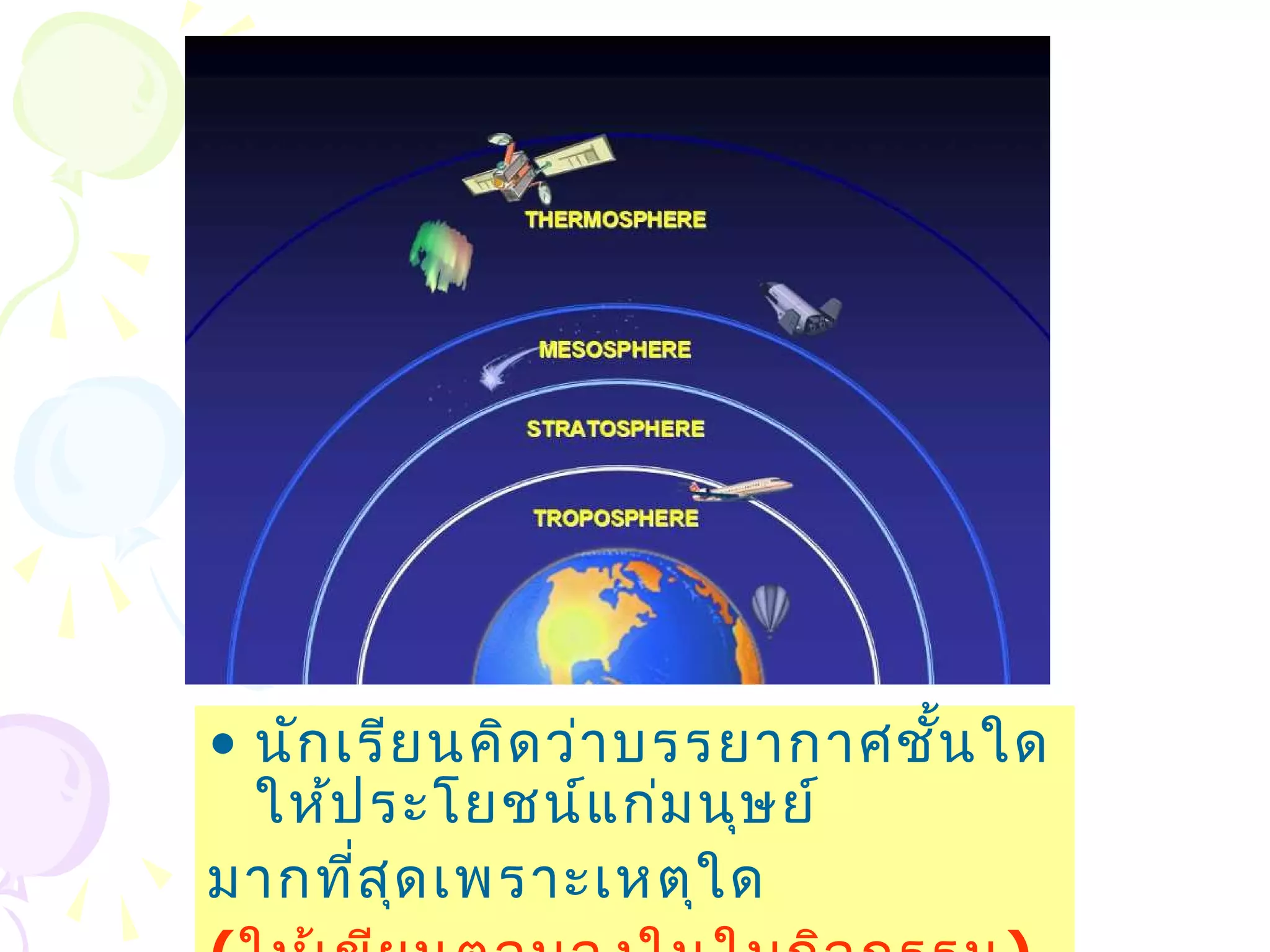 • นัก เรีย นคิด ว่า บรรยากาศชัน ใด
                              ้
  ให้ป ระโยชน์แ ก่ม นุษ ย์
มากที่ส ด เพราะเหตุใ ด
         ุ
 