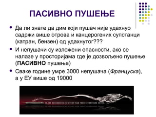 ПАСИВНО ПУШЕЊЕ
   Да ли знате да дим који пушач није удахнуо
    садржи више отрова и канцерогених супстанци
    (катран, бензен) од удахнутог???
   И непушачи су изложени опасности, ако се
    налазе у просторијама где је дозвољено пушење
    (ПАСИВНО пушење)
   Сваке године умре 3000 непушача (Француска),
    а у ЕУ више од 19000
 
