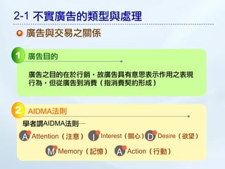 2-1 不實廣告的類型與處理
    廣告與交易之關係

1 廣告目的

        廣告之目的在於行銷，故廣告具有意思表示作用之表現
        行為，但從廣告到消費（指消費契約形成）



2       AIDMA法則
    學者謂AIDMA法則─

    A   Attention（注意）   I   Interest（關心） D Desire（欲望）

           M   Memory（記憶）      A   Action（行動）
 